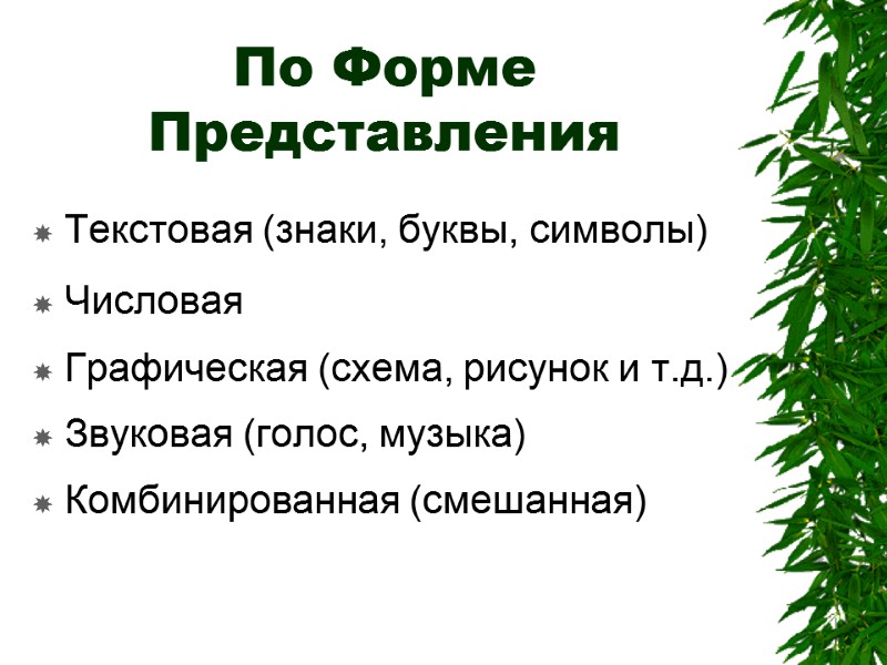 По Форме Представления Текстовая (знаки, буквы, символы) Числовая  Графическая (схема, рисунок и т.д.)